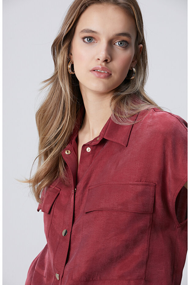 Vişne Çift Cep Detaylı Çıtçıtlı Gömlek - 2