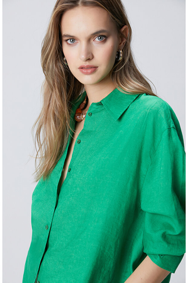Yeşil Keten Gömlek - 2