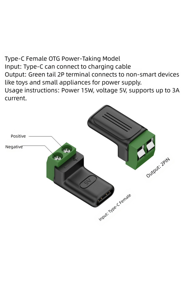 C-Female PowerTaking Solderless Plug USB C to 2Pin Terminal Adapter Screw 5V Crimp Terminal Block Gr