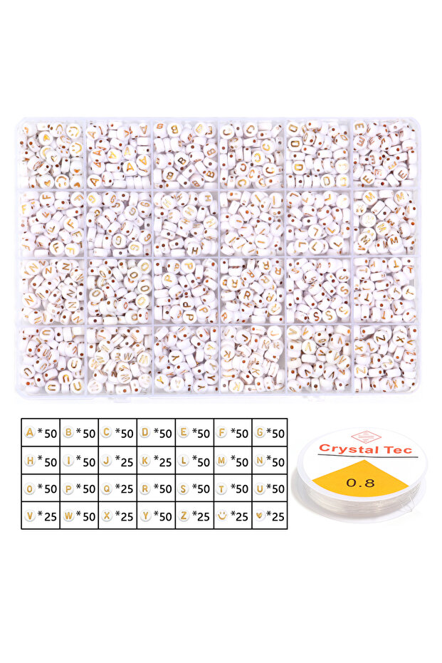 مجموعة خرز حروف أكريليك بيضاء ذهبية اللون، 1200 قطعة/علبة، حروف أبجدية إنجليزية، خرز مسطح دائري مع مطاط
