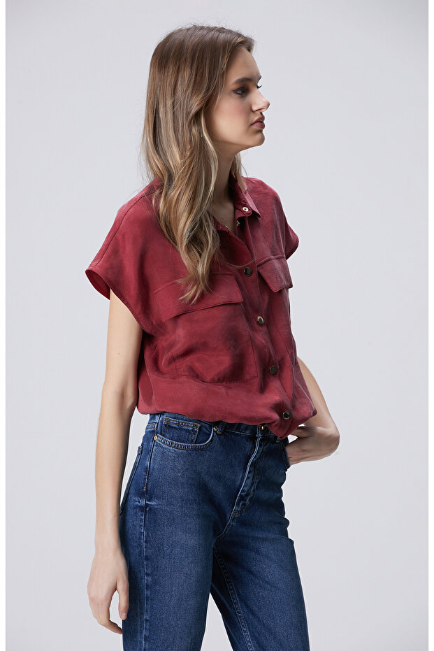 Vişne Çift Cep Detaylı Çıtçıtlı Gömlek - 4