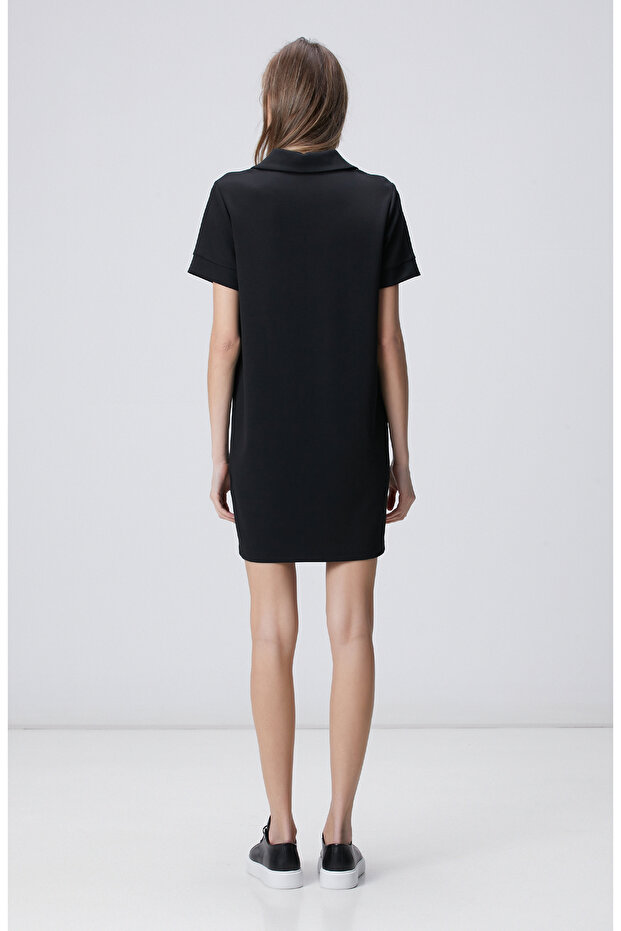 Siyah Kısa Kol Polo Yaka Mini Boy Örme Elbise - 5