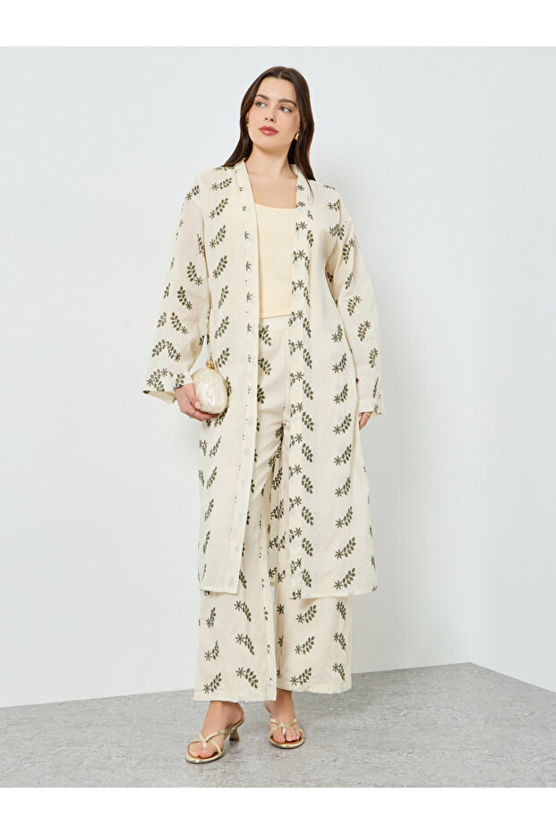 Women White Leaf Embroidered Kimono and Trousers Co-Ords