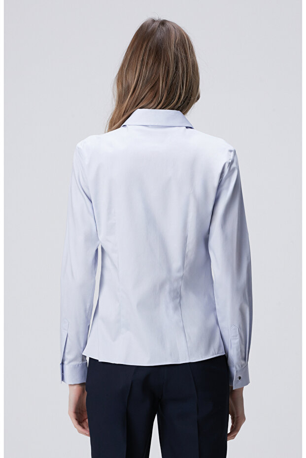 Açık Mavi Pamuk Saten Basic Gömlek - 5