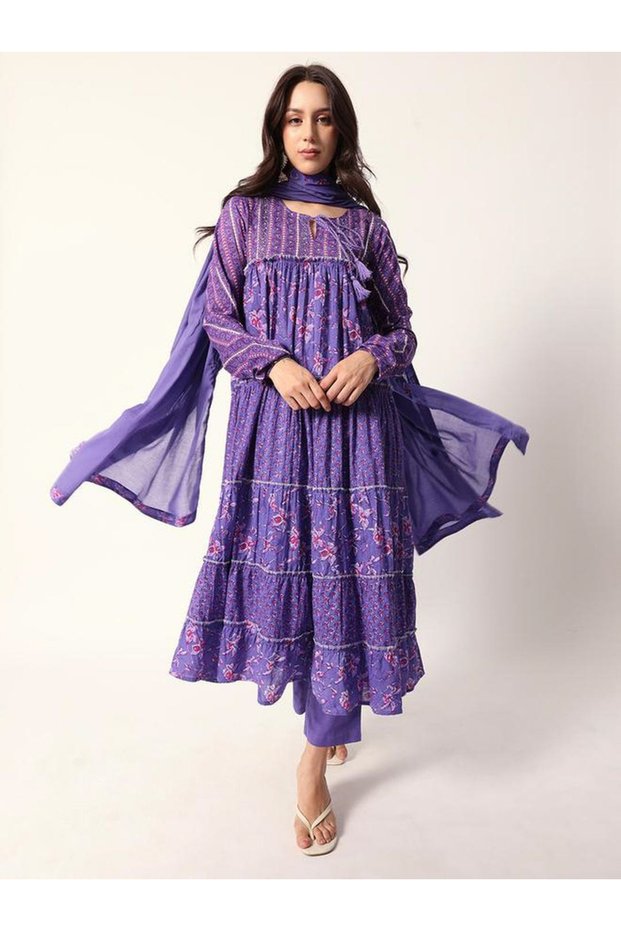 3-Piece Cotton Floral Print Tiered Kurta, Pants and Dupatta Set