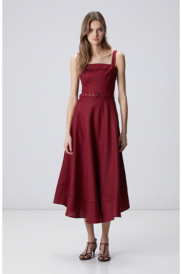 Vişne Midi Keten Elbise - 4