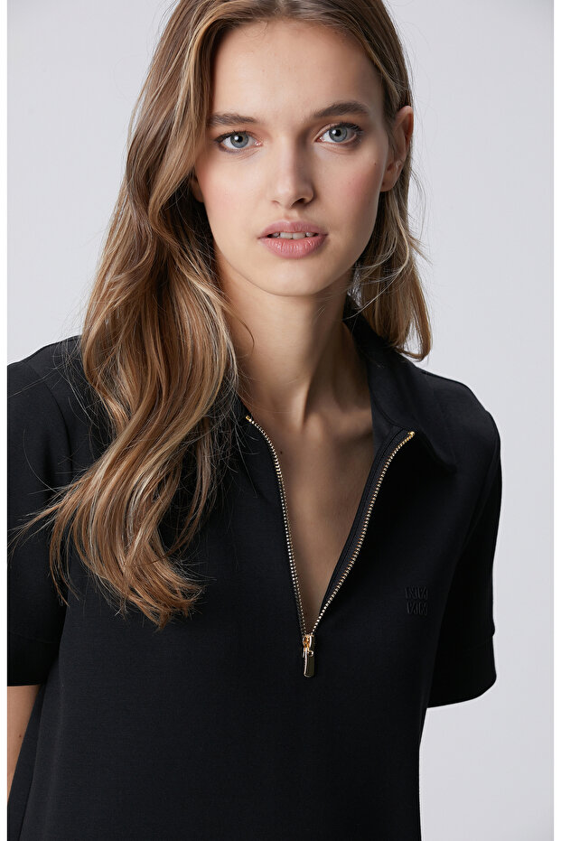 Siyah Kısa Kol Polo Yaka Mini Boy Örme Elbise - 2