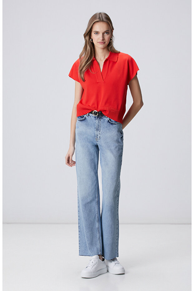 Kırmızı Polo Yaka Basic Kazak - 3