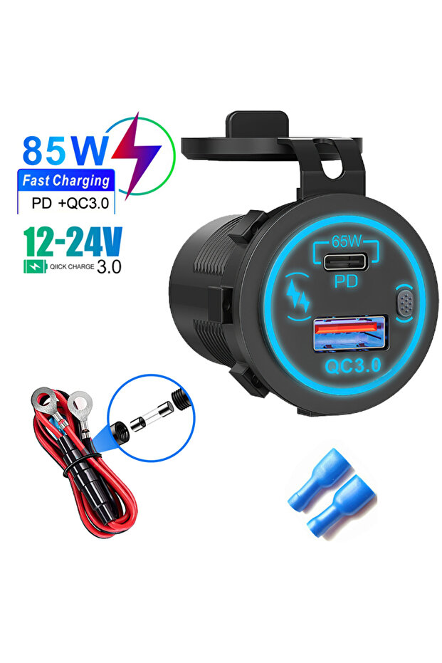شاحن سيارة USB أزرق بخطوط زرقاء 85 واط PD Type C/QC 3.0 مع مفتاح، مقبس شحن سريع، منفذ طاقة ADA
