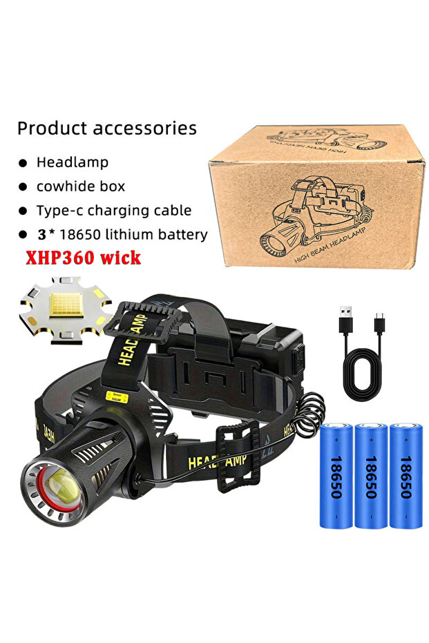 black AX-H6-18650 XHP360 High Power LED Headlamp Super Bright Zoomable Headlight USB Rechargeable St