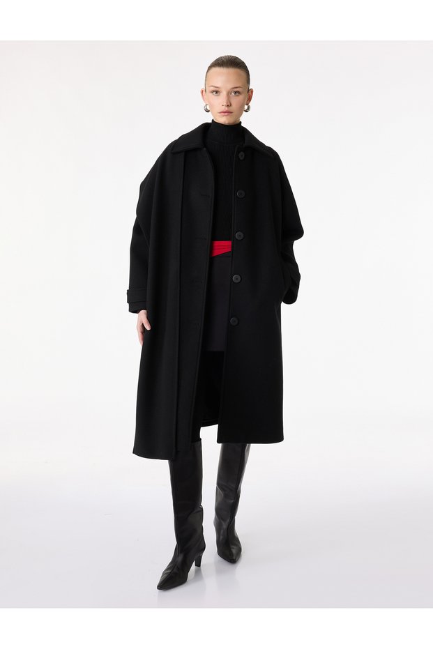 Buttoned Pocketed Long Sleeve Scarf-Collar Cashmere Coat