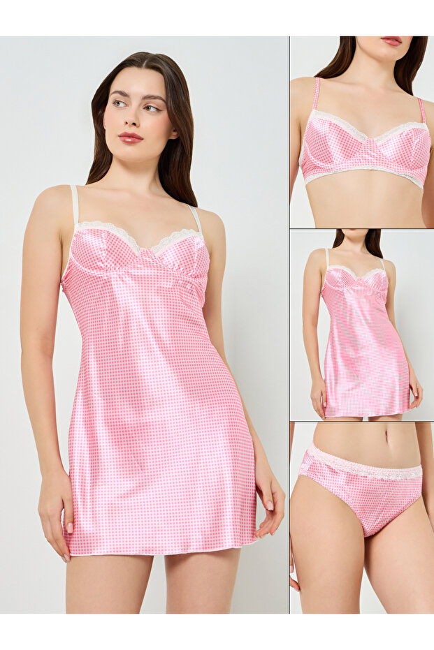 Women Pink Gingham Babydoll with Bra and Brief Set
