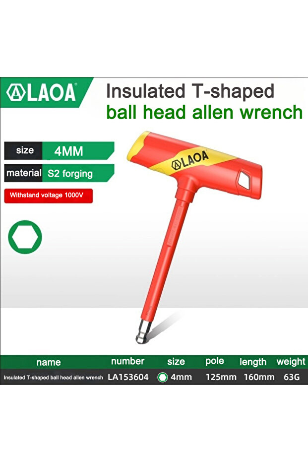 4mm LA153604 LAOA Multifunctional Insulated T-Shaped Flat Head Allen Wrench Ball Head Hexagon Socket