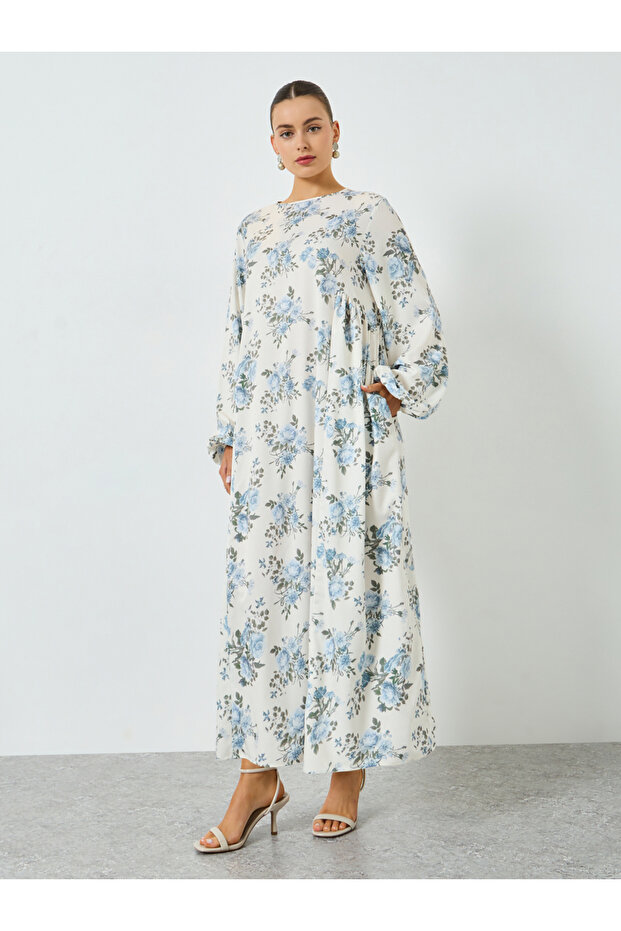 Floral Print Balloon Sleeve A-Line Maxi Dress