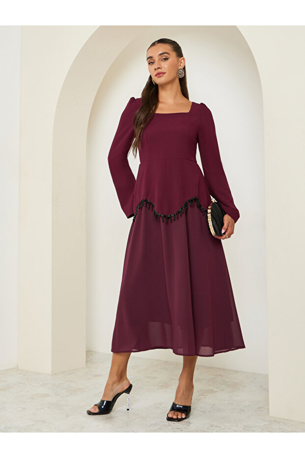 Women Beaded Trim Square Neck Midi Dress