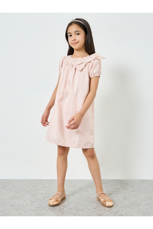 Girls Pink A-Line Dress with Bow Detail