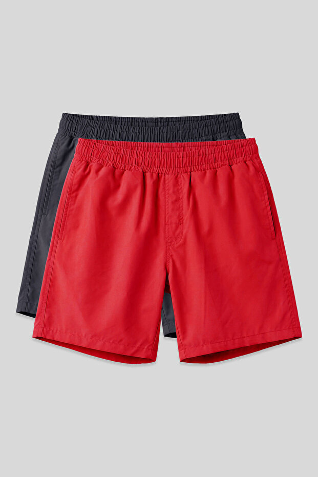 شورت سباحة رجالي من Standard Fit Basic، عبوة من قطعتين، لون أحمر-أنثراسيت - 81237