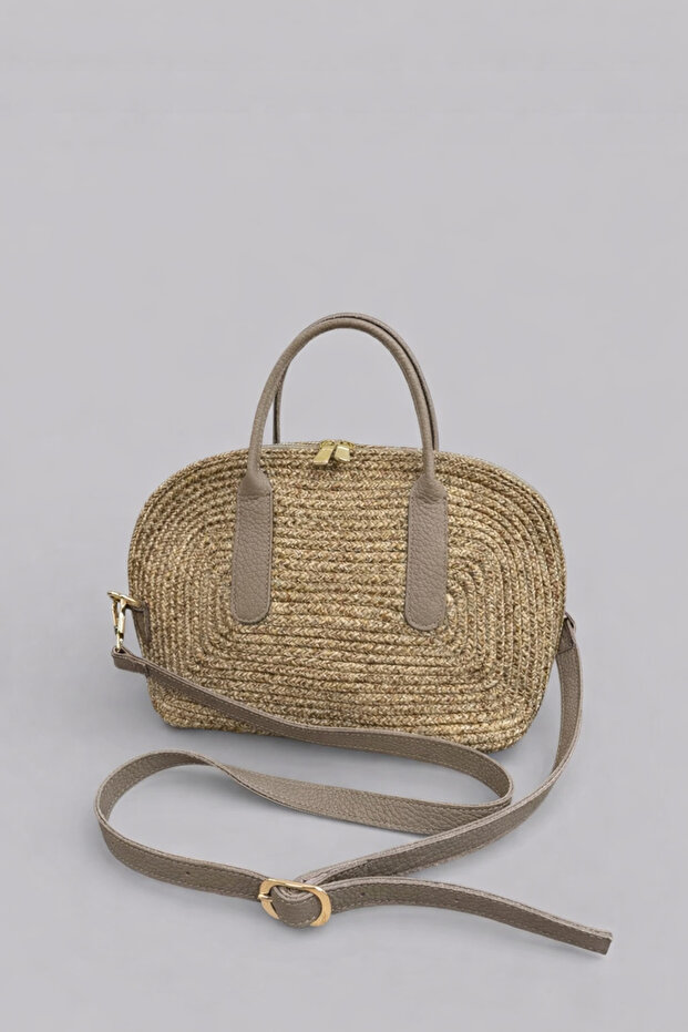 Alin Extra Light Soft Rope Genuine Leather Detailed Straw Women's Hand and Shoulder Bag