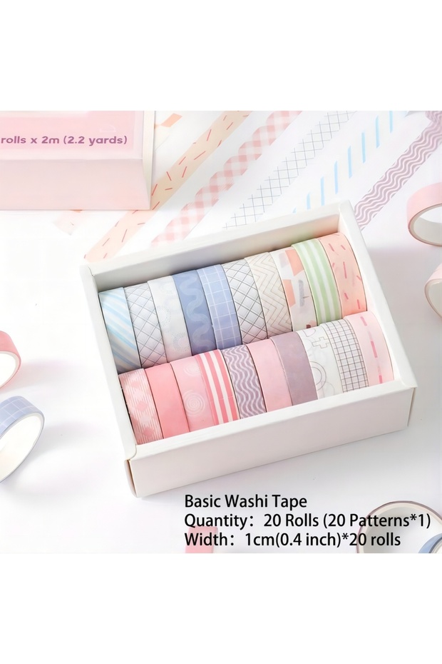 Basic Washi Tape 20 Rolls Colorful Slim Washi Tape Set 10mm(0.4 Inch) Wide 2m(2.2 Yards) Long Maskin