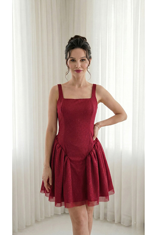 kırmızı simli elbise - 1