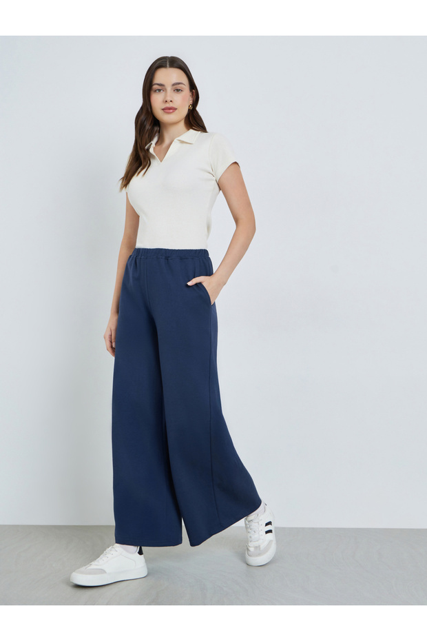 Women Navy Blue Wide Leg Joggers