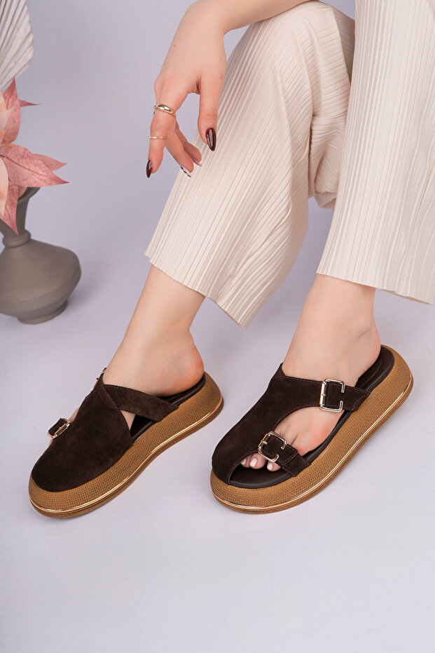 Amy Model Genuine Leather Brown Thick Sole Side Open Low-Cut Double Buckle Women's Slippers