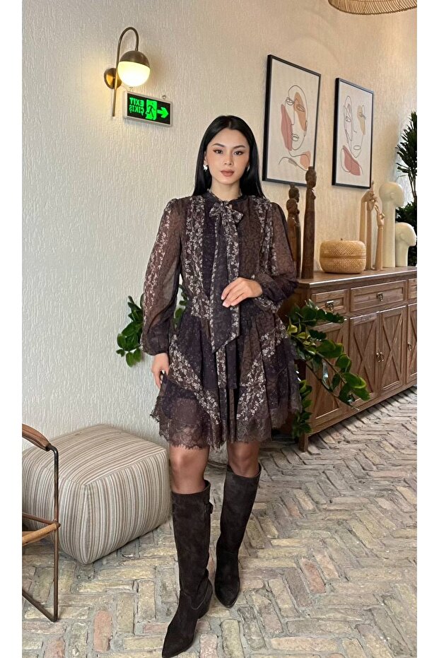 PATCHWORK DESEN DANTELLİ KAT KAT ELBİSE - 2