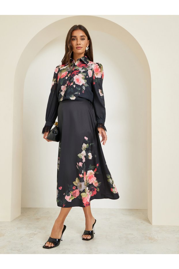 Women Black Floral Print A-Line Midi Skirt