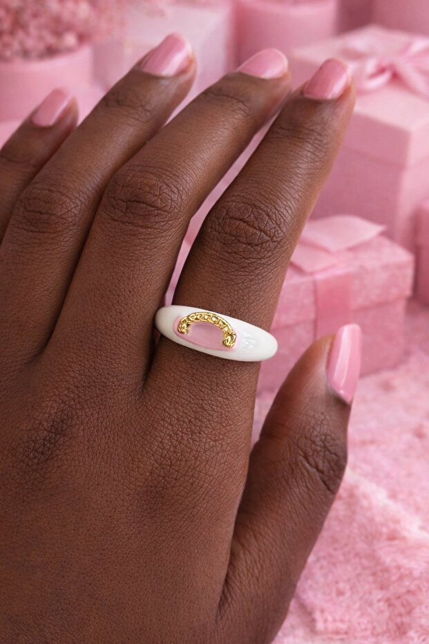Cream and Pink Color Chain Detailed Adjustable Enamel Ring
