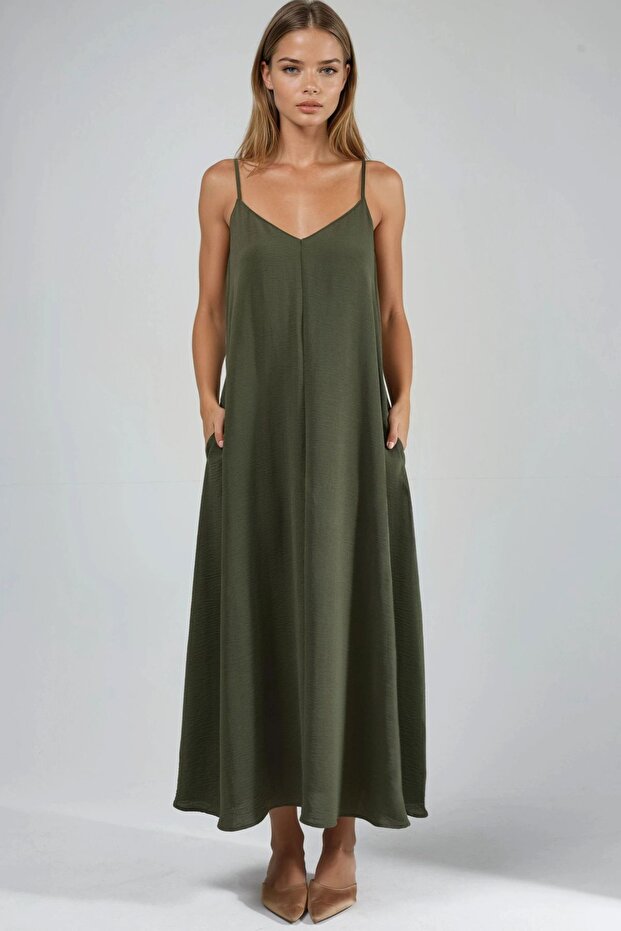 V -Yaka A-Form Maxi Elbise - 1