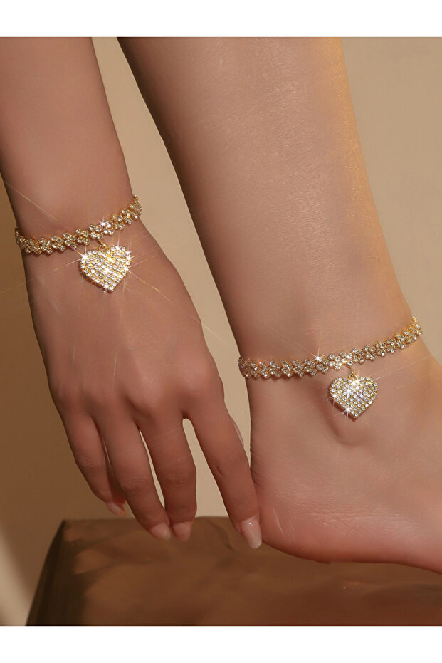 Women Gold Heart Rhinestone Anklet and Bracelet Set