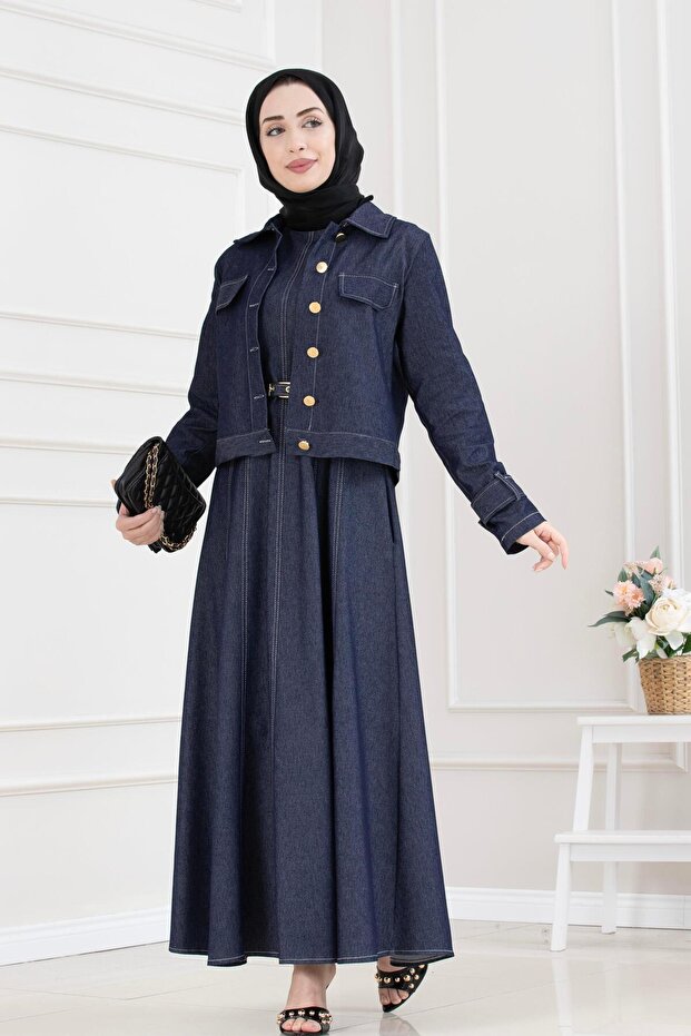 Denim Gilet with Sleeve Patches Double Set - Dark Blue