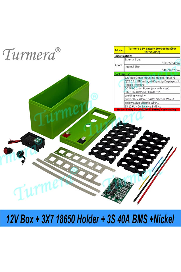 R107-USB-KKTZ-Green 18650 Battery Holder Box 3x7 12V 40A BMS USB Power Bank Voltage Display Dual-Cha