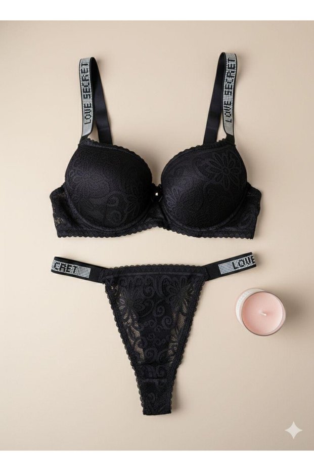 Stone-Embellished Supportive Bra Set B Cup Push-Up Love Secret