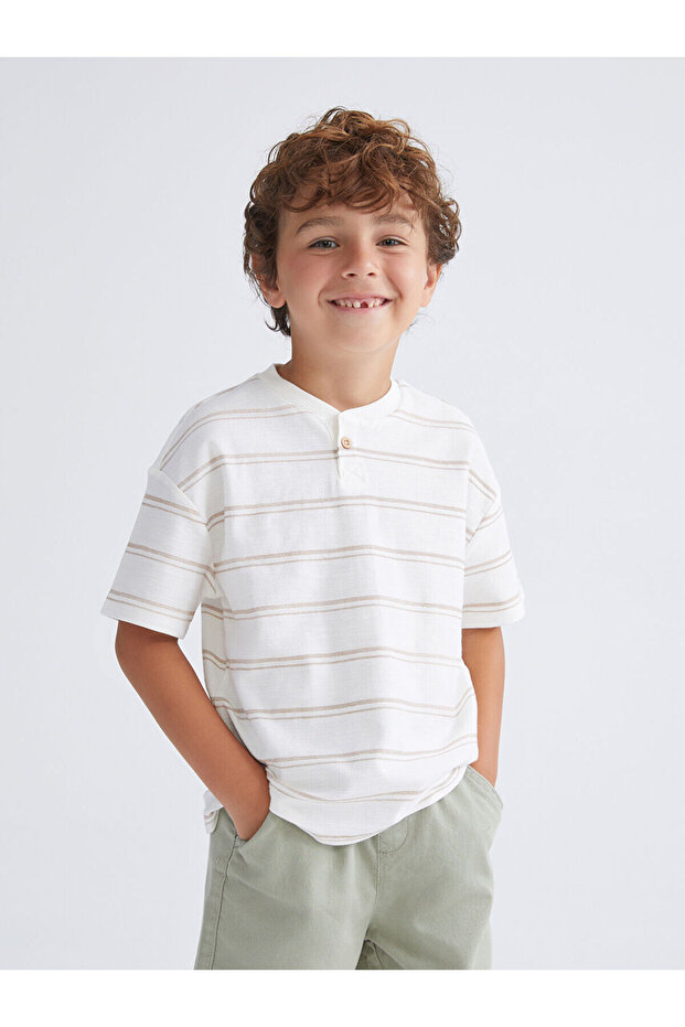 Beige Combed Cotton Striped Boy's T-Shirt