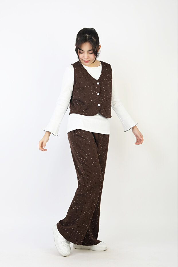 Girl's 3-Piece Set - Vest, Stone Decorations, and Wide-Legged Pants 12515