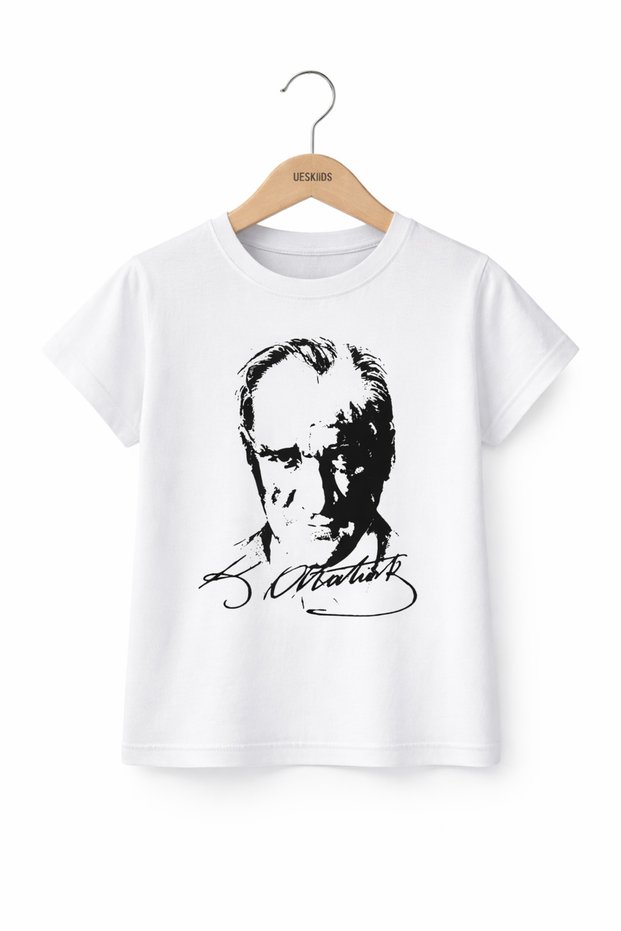 Ataturk Portrait Printed Short Sleeve White Unisex Kids T-Shirt