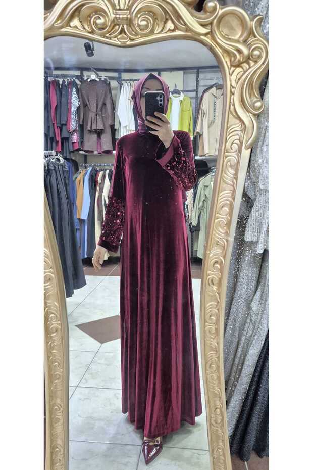 Kul pullu kadife elbise - 2