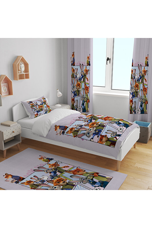 طقم زوتروبوليس بتصميم الأرنب والثعلب (ستارة خلفية 70×260 بوصة - غطاء سرير - اختر حجم السجادة)