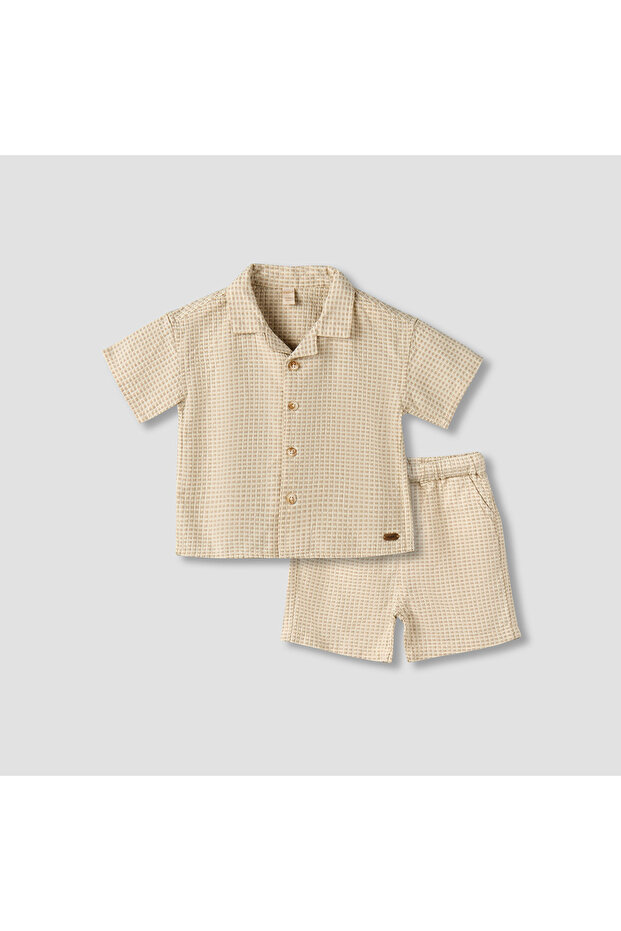 Collared Short Sleeve Shirt and Shorts Set with Waffle Texture