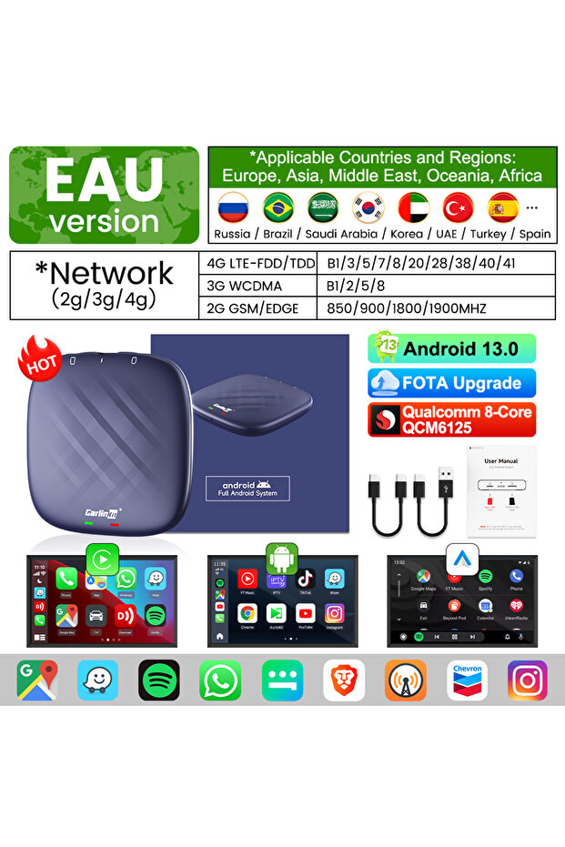 ذاكرة 4 جيجابايت، سعة تخزين 64 جيجابايت، نظام تشغيل أندرويد 13 بلس 2026، جهاز CarlinKit CarPlay AI Box، نظام تشغيل أندرويد 13.0، معالج SM6225، معالج QCM6125، نظام أندرويد أوتو