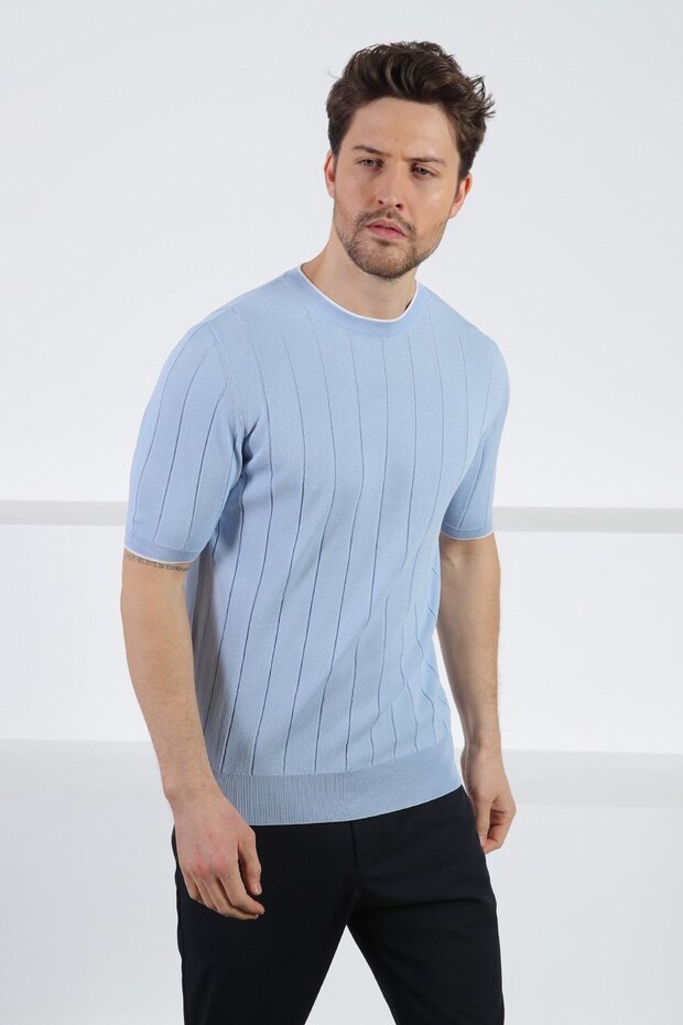Blue Crew Neck Short Sleeve Men's Viscose Knitwear T-Shirt