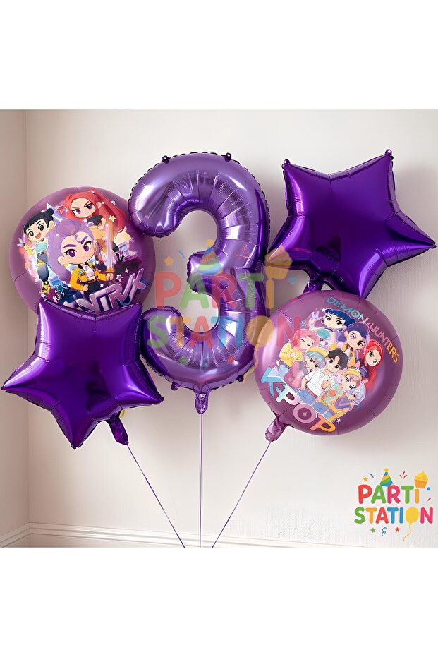 مجموعة بالونات عيد ميلاد بعمر 3 سنوات بتصميم K-Pop مكونة من 5 قطع