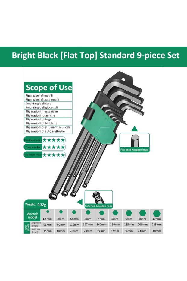 Ball head long 9Pcs Hex Wrench Set L Type Allen Key Set 1.5-10MM Hexagon Flat Ball Torx Star Head Sp
