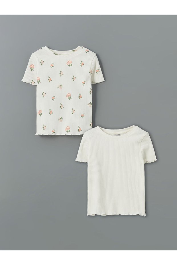 Lcw Kids Ecru Crew Neck Floral Girl's Crop T-Shirt 2 Pack