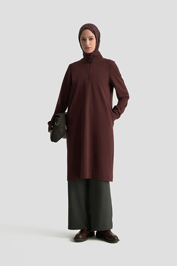 Fermuar Detaylı Basic Tunik Kahve - 3
