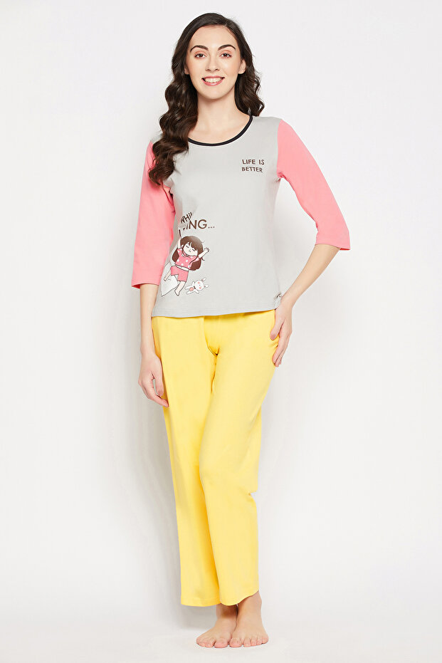 Quirky Quotes Colourblocked Top in Grey & Chic Basic Pyjama in Yellow - 100% Cotton