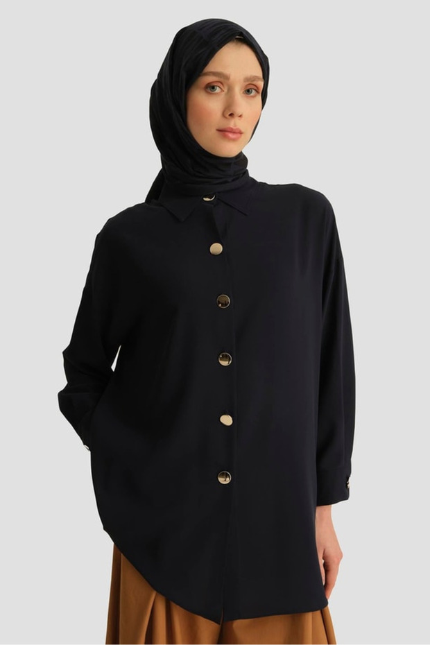 Metal Buttoned Oversize Tunic Navy Blue