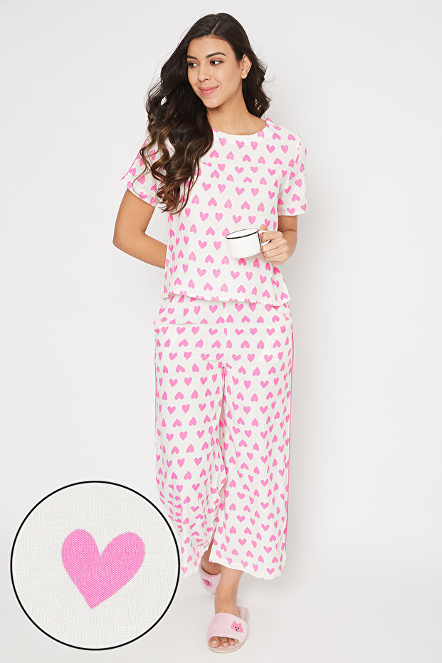 Heart Print Cropped Top & Wideleg Ankle Length Pyjama in White - Rayon