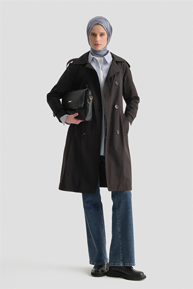 Düğmeli Basic Trençkot Siyah - 3